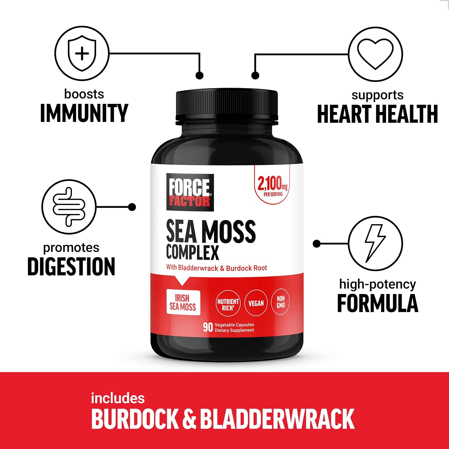 Force Factor Irish Sea Moss Capsules con Bardana y Fucus, 90 Cápsulas