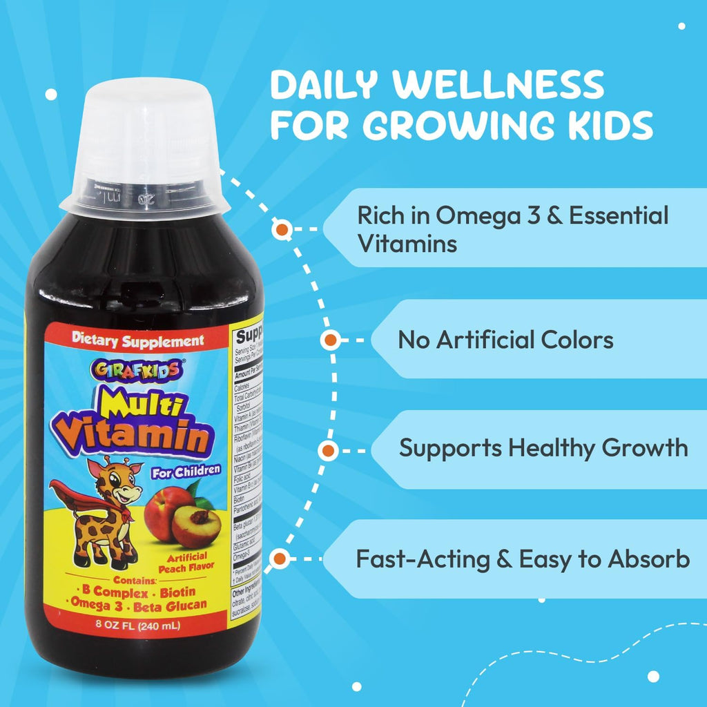 GirafKids Multivitamínico Líquido para Niños (237 ml) - con Biotina, Vitamina A, Complejo B, Ácido Fólico, Omega-3 y Beta Glucano