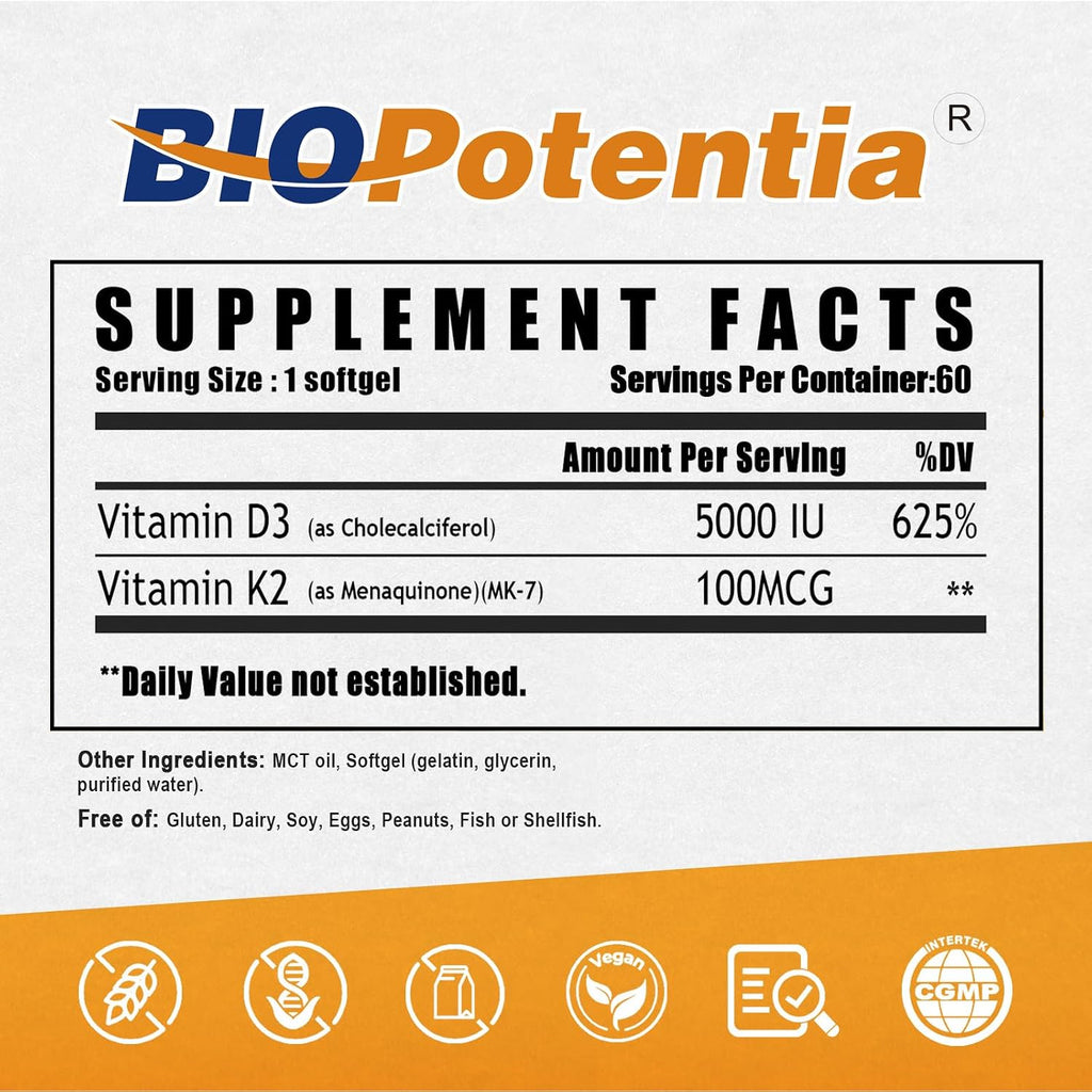 BIO POTENTIA Vitamina D3 K2 con Aceite MCT, 5000 UI D3 + 100 mcg K2 (MK-7), 60 Cápsulas