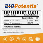 BIO POTENTIA Vitamina D3 K2 con Aceite MCT, 5000 UI D3 + 100 mcg K2 (MK-7), 60 Cápsulas