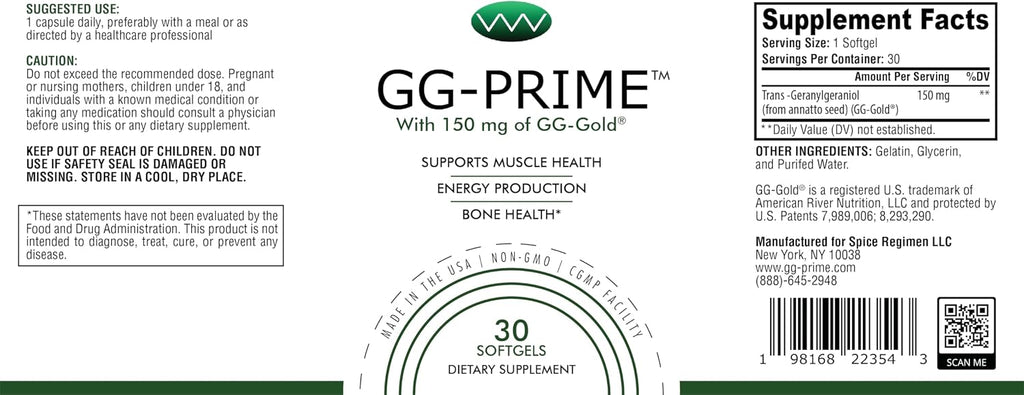 GG-Prime™ Geranylgeraniol 150 mg – GG-Gold® de Annatto – Apoya la producción de CoQ10, salud muscular y ósea – 30 cápsulas blandas