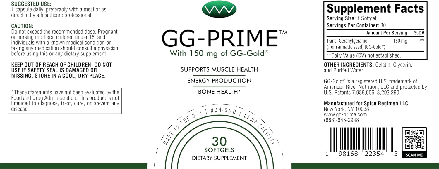 GG-Prime™ Geranylgeraniol 150 mg – GG-Gold® de Annatto – Apoya la producción de CoQ10, salud muscular y ósea – 30 cápsulas blandas