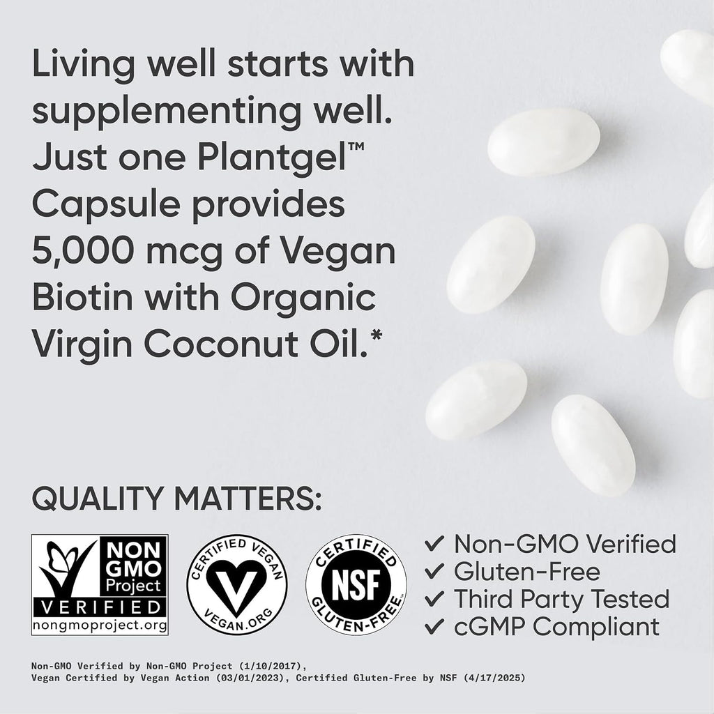 Sports Research® Biotina 5000mcg con Aceite de Coco Orgánico - 30 Cápsulas Blandas Vegetales