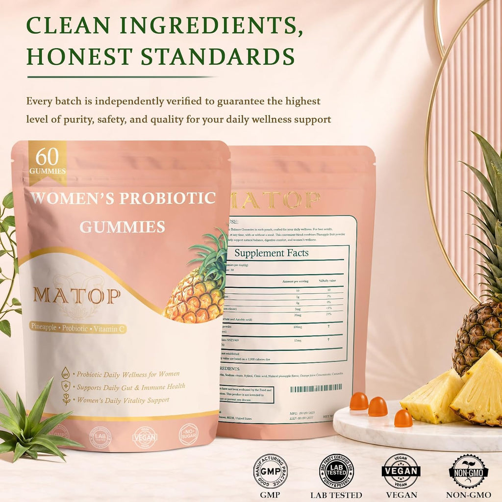 MATOP Probiótico para Mujeres Gomitas de Piña - Salud Digestiva y Equilibrio Femenino, Vegano Sin Azúcar, 60 Unidades