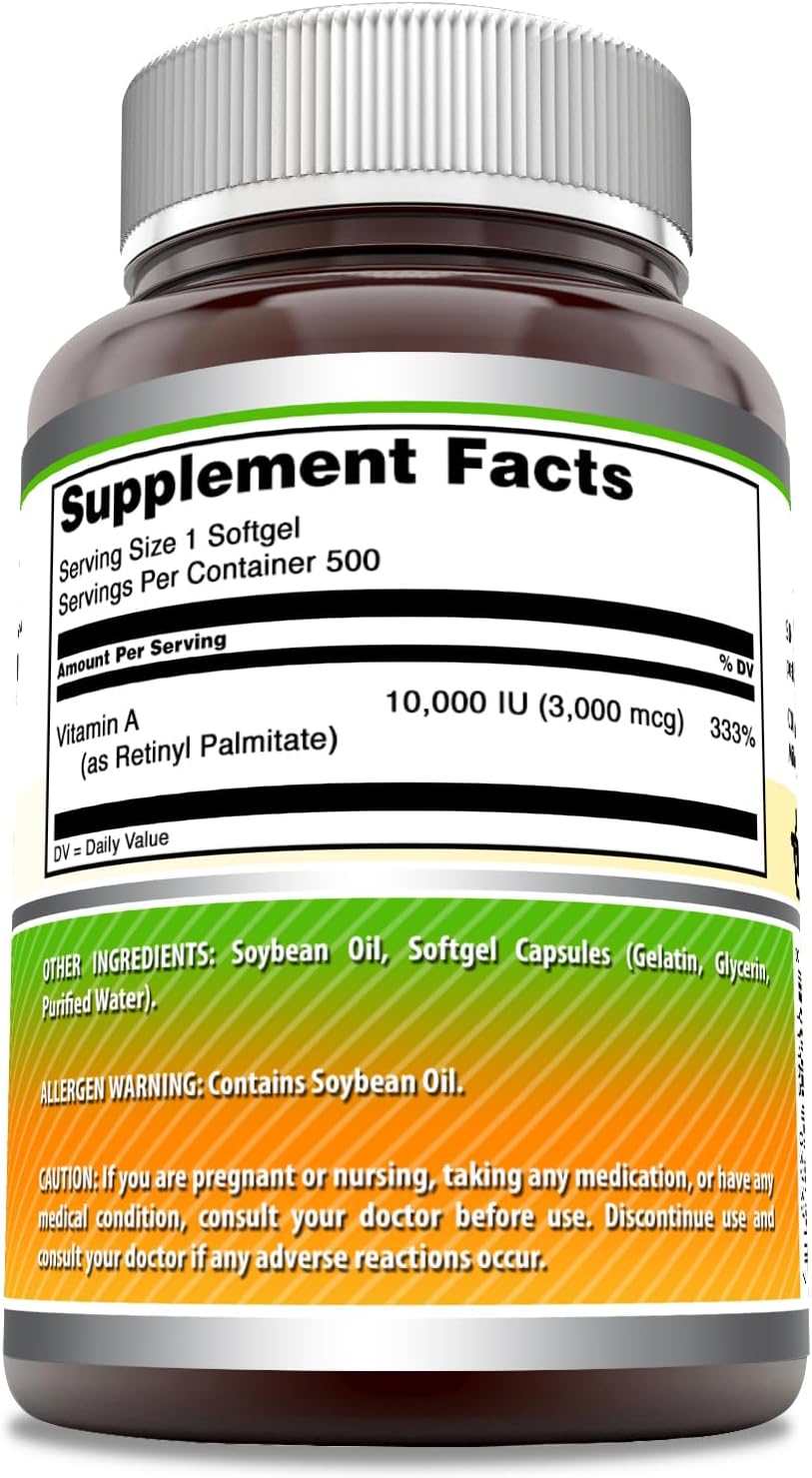 Amazing Formulas Vitamina A 10000 UI (3000 mcg) – Retinil Palmitato – 500 Cápsulas Blandas