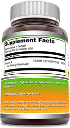 Amazing Formulas Vitamina A 10000 UI (3000 mcg) – Retinil Palmitato – 500 Cápsulas Blandas