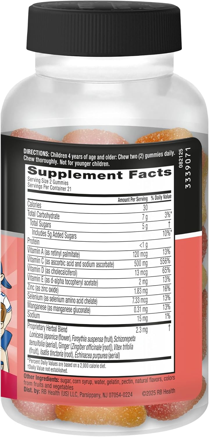 Airborne Kids Immune Support Gummies, Sabor Frutas Variadas, 42 unidades - 500 mg de Vitamina C + Vitaminas A, D, E + Zinc, Selenio, Manganeso | Mezcla de Hierbas | Sabor Natural