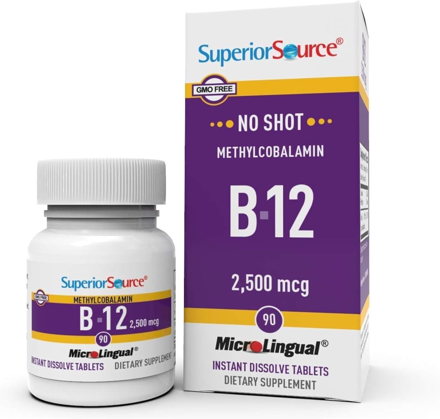 Superior Source No Shot Metilcobalamina B-12 1.000 mcg - Vitamina B-12 para favorecer la producción de energía, la salud cerebral y el bienestar general - Comprimidos sublinguales de rápida absorción - 60 comprimidos