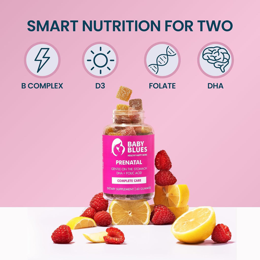 Baby Blues Gominolas Prenatales – Multivitamínico con DHA y Ácido Fólico, Sin Hierro, Sabor Limonada de Frambuesa (60 Gominolas)