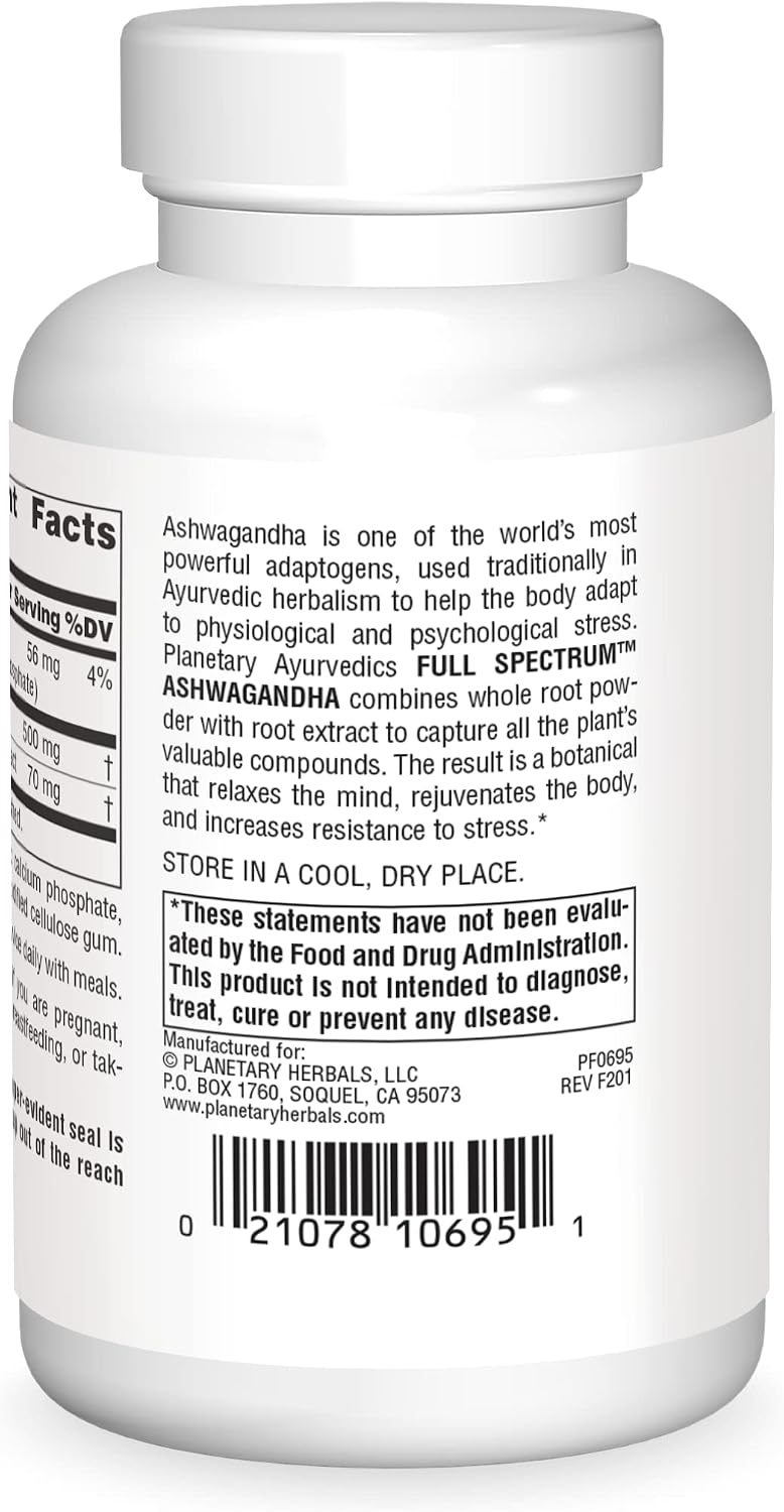PLANETARY HERBALS Ashwagandha Full Spectrum - Suplemento Nutricional Ayurvédico, 570 mg, 60 cápsulas