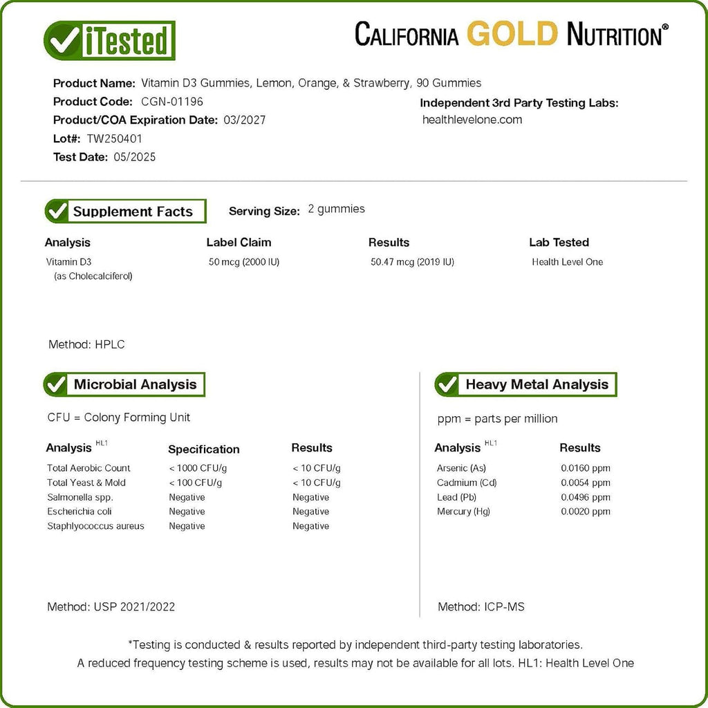 California Gold Nutrition Vitamina D3 Gominolas, Sabor Limón, Naranja y Fresa, 90 Gominolas (25 mcg / 1000 IU por Gominola)