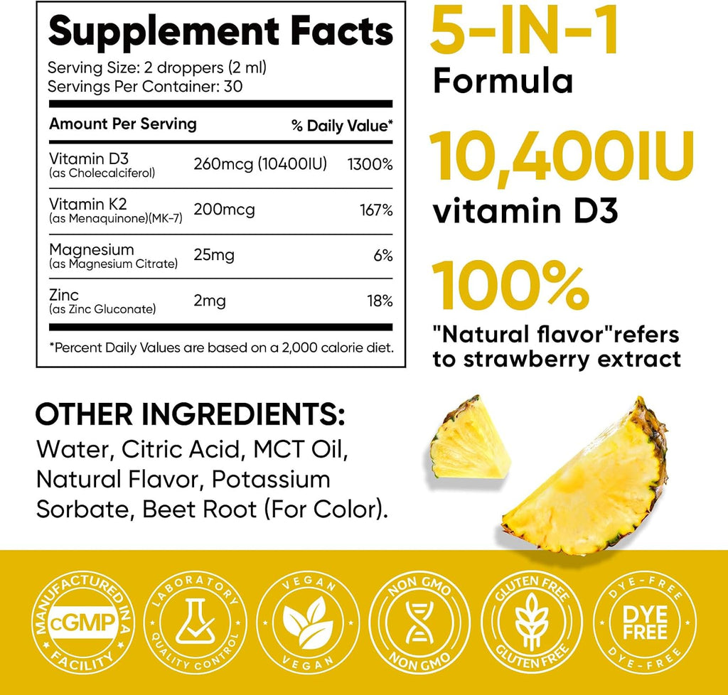 5-en-1 Vitamin D3 K2 Drops - Vitamina D3 10000 UI y K2 (MK-7) 200 mcg con Magnesio, Zinc y MCT Oil