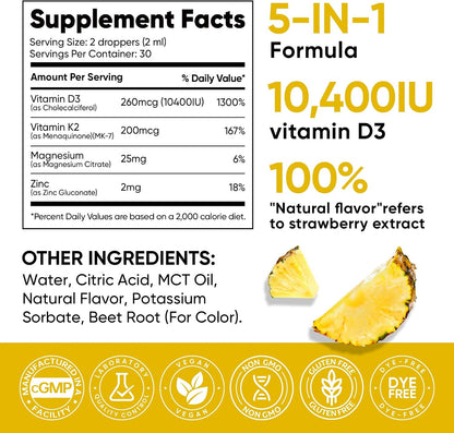 5-en-1 Vitamin D3 K2 Drops - Vitamina D3 10000 UI y K2 (MK-7) 200 mcg con Magnesio, Zinc y MCT Oil