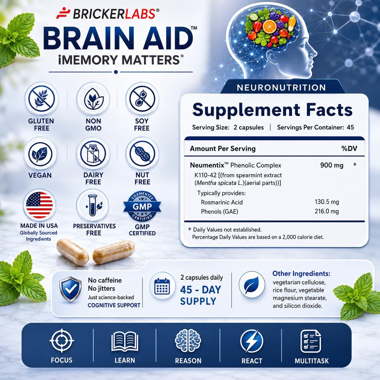 Bricker Labs Brain Aid Memory Matters – Suplemento Nootrópico con Extracto de Menta Neumentix