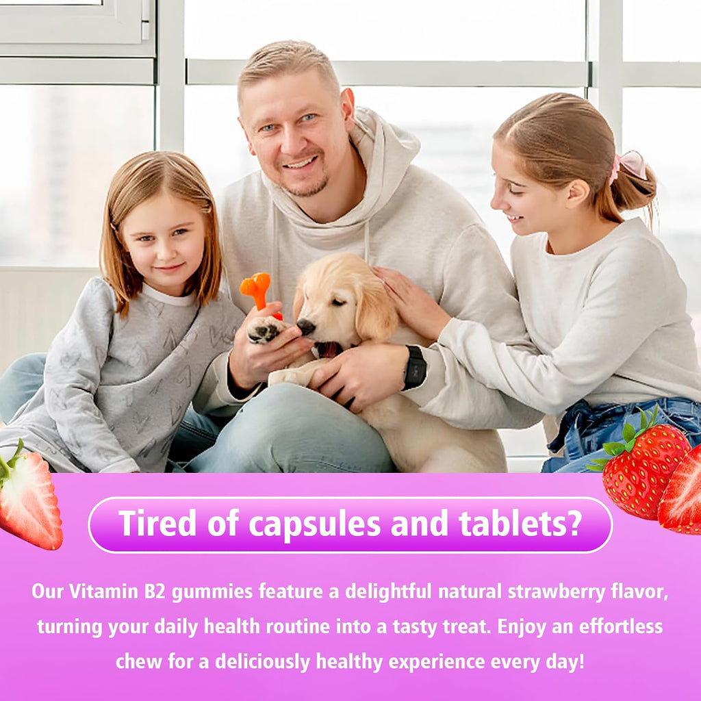 Gominolas de Vitamina B2 - Riboflavina 400 mg con Magnesio y CoQ10 - Sabor Fresa, 60 gominolas