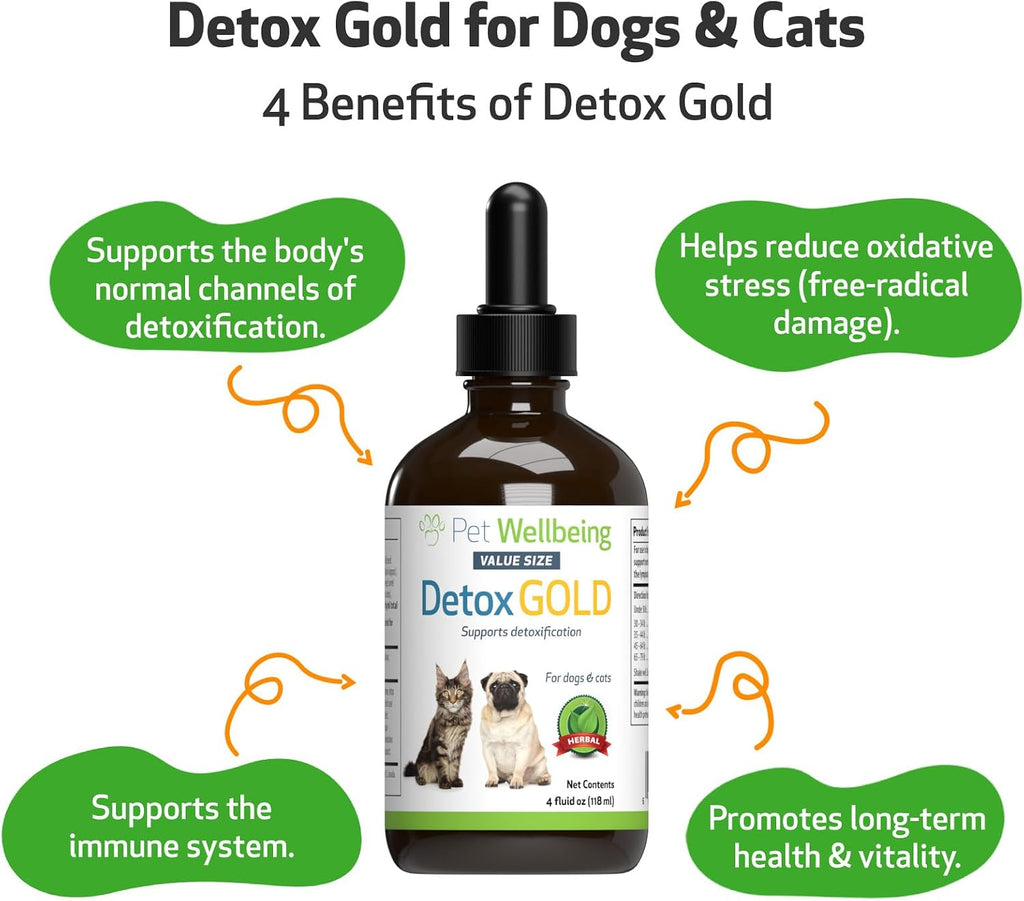 Pet Wellbeing Detox Gold para Perros y Gatos - Suplemento Herbal de Desintoxicación y Apoyo Inmunitario - 118 ml