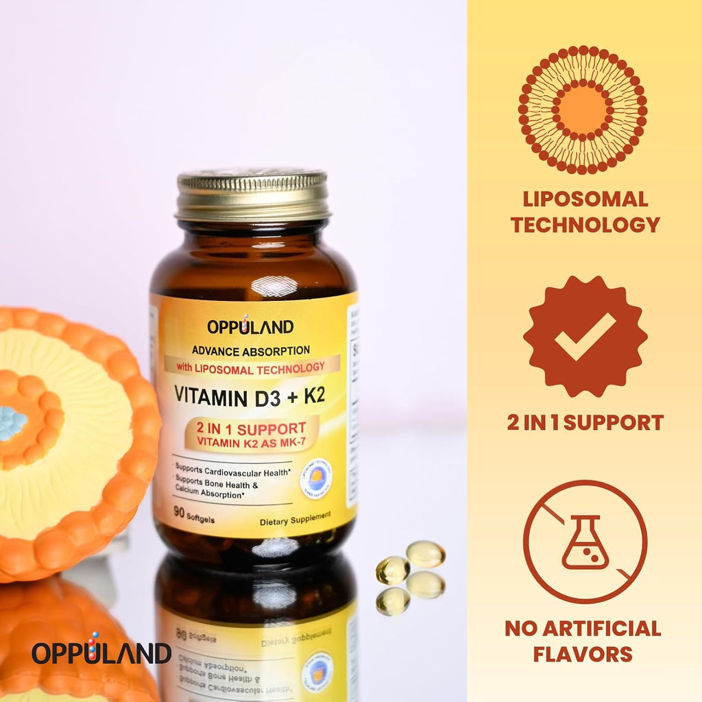 oppuland Vitamina D3 + K2 5000 UI - Tecnología Liposomal para Mayor Absorción - MK-7 Vitamina K2 100mcg - Ayuda al Metabolismo Óseo y del Calcio - 90 Cápsulas Blandas