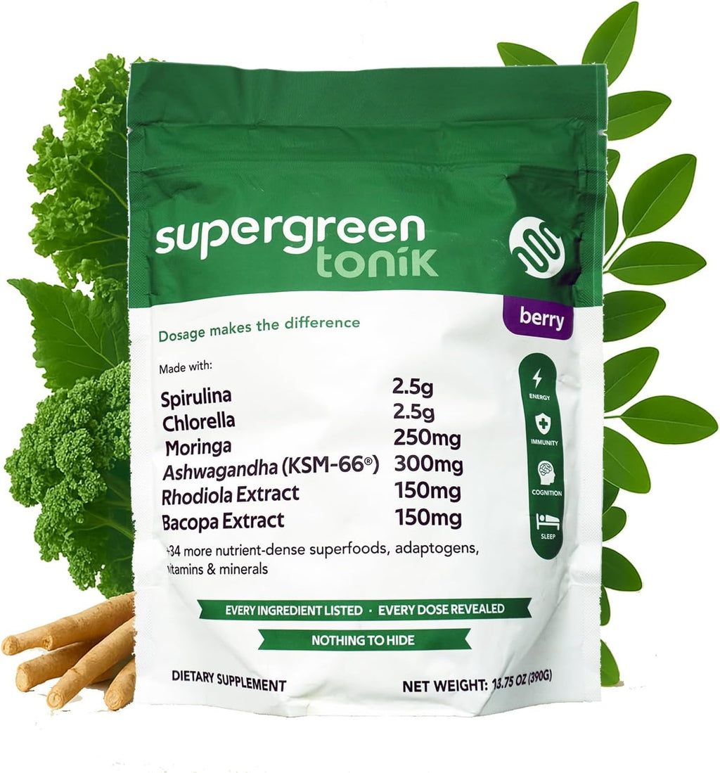 SUPERGREEN TONIK 100% Natural Greens Superfood Powder – Suplemento diario con 40 superalimentos, vitaminas y minerales – Ayuda a la energía, estrés e inmunidad – 30 días 360 gramos Sabor Berry (1 Bolsa)