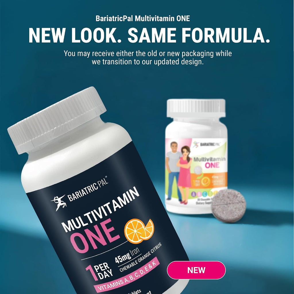 BariatricPal Multivitamin ONE - Multivitamínico Bariátrico Masticable con Hierro (45 mg) - Sabor Naranja Cítrico - 30 Comprimidos