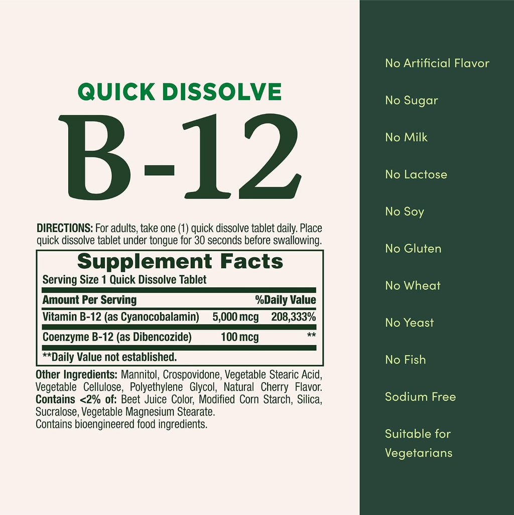 Vitamina B12 5000 mcg de Nature's Bounty - Complemento Alimenticio de Disolución Rápida, 80 Comprimidos