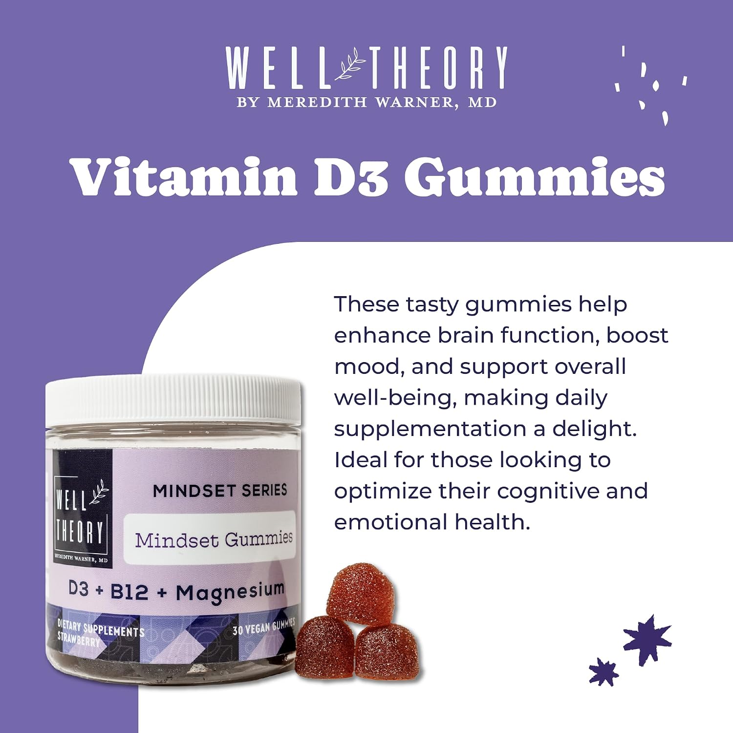 WELL THEORY D3 Gummy - Gominolas con Vitamina D3, Magnesio y B12 - Sabor Fresa - 30 Gominolas Veganas
