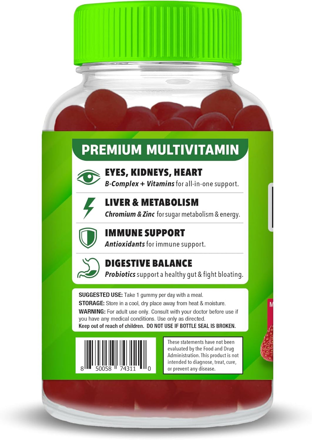 Gominolas Multivitamínicas Sin Azúcar con Prebióticos y Probióticos - Apoyo Diario para Ojos, Riñones, Hígado, Corazón y Digestión - Sabor a Bayas Mixtas - Dr. Stephanie's