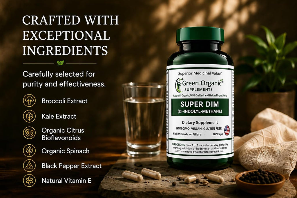 Green Organic Supplements DIM, Diindolylmethane, Indole-3-Carbinol, Brócoli, 90 Cápsulas Veganas, Alta Absorción, No-GMO, Sin Gluten
