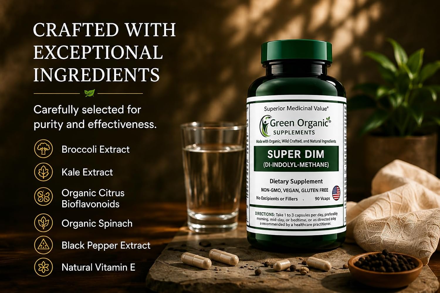 Green Organic Supplements DIM, Diindolylmethane, Indole-3-Carbinol, Brócoli, 90 Cápsulas Veganas, Alta Absorción, No-GMO, Sin Gluten
