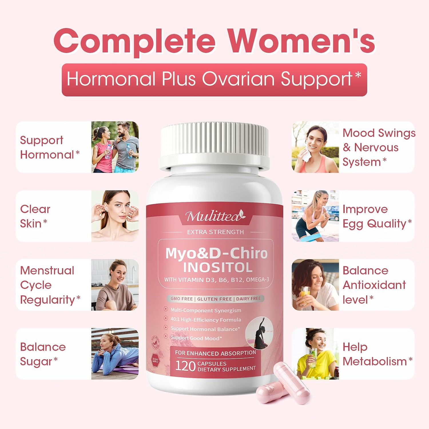 Myo-Inositol y D-Chiro Inositol para Mujeres, 14-en-1 Inositol Liposomal con Ácido Fólico, Omega-3 y Multivitaminas, 120 Cápsulas Veganas