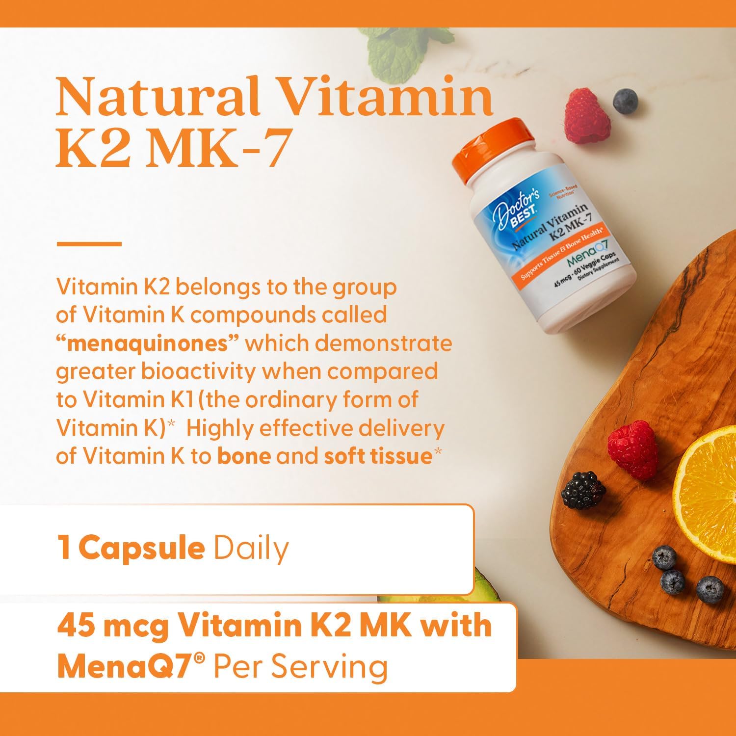 Doctor's Best Natural Vitamin K2 MK7 con MenaQ7, 45 mcg, 60 Cápsulas Veganas