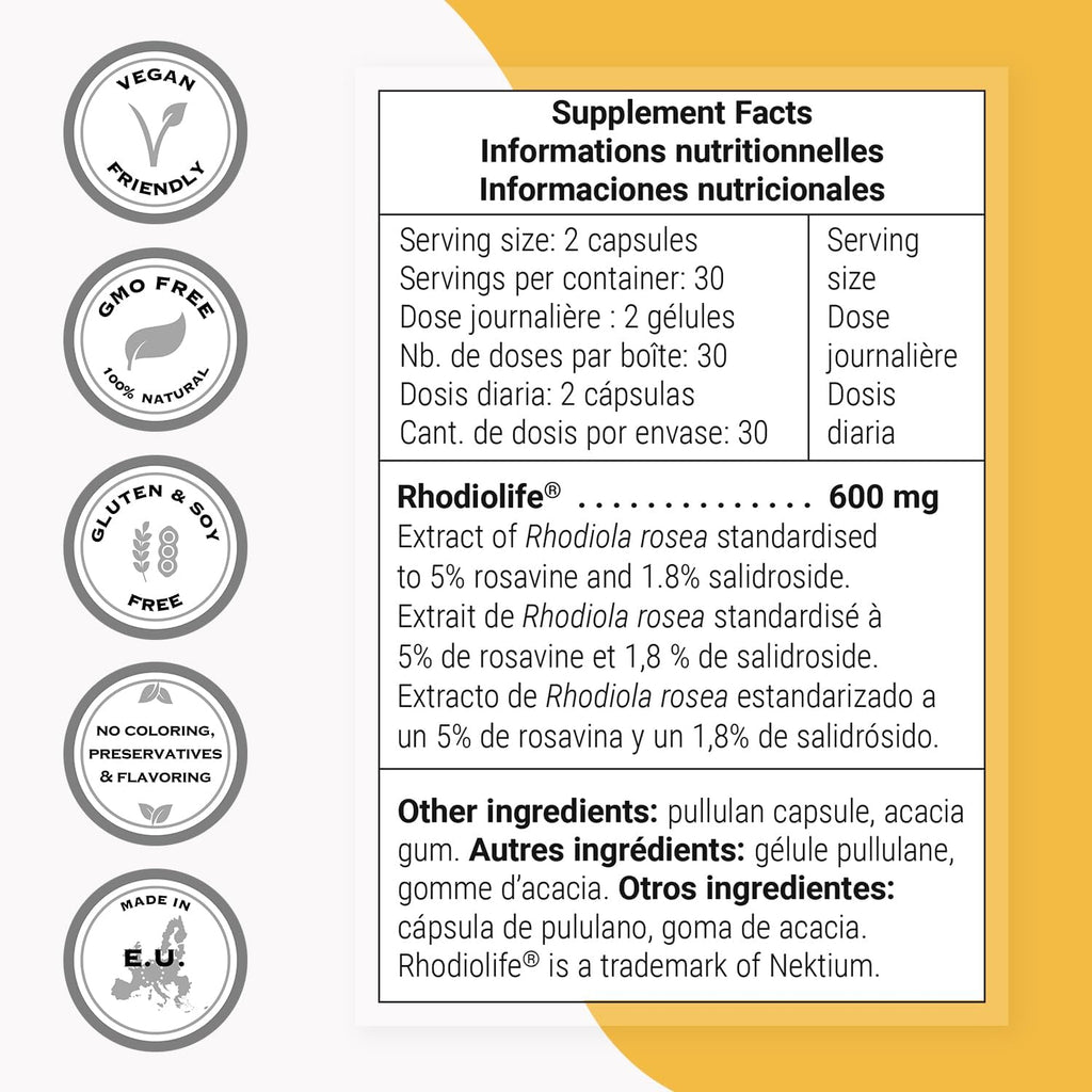 Supersmart Rhodiola Rosea 600mg al Día (Alta Potencia y Patente) - Rhodiolife - Extracto Estandarizado 5% Rosavinas, 1,8% Salidrósido - No-GMO, Sin Gluten - 60 Cápsulas Vegetales