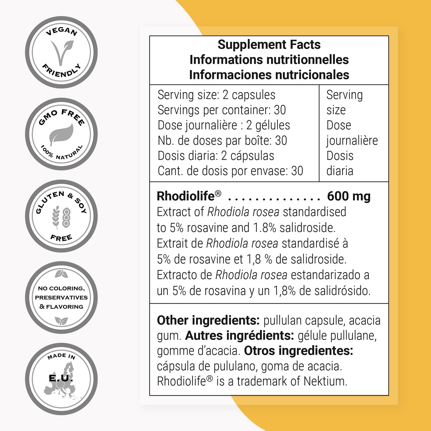 Supersmart Rhodiola Rosea 600mg al Día (Alta Potencia y Patente) - Rhodiolife - Extracto Estandarizado 5% Rosavinas, 1,8% Salidrósido - No-GMO, Sin Gluten - 60 Cápsulas Vegetales