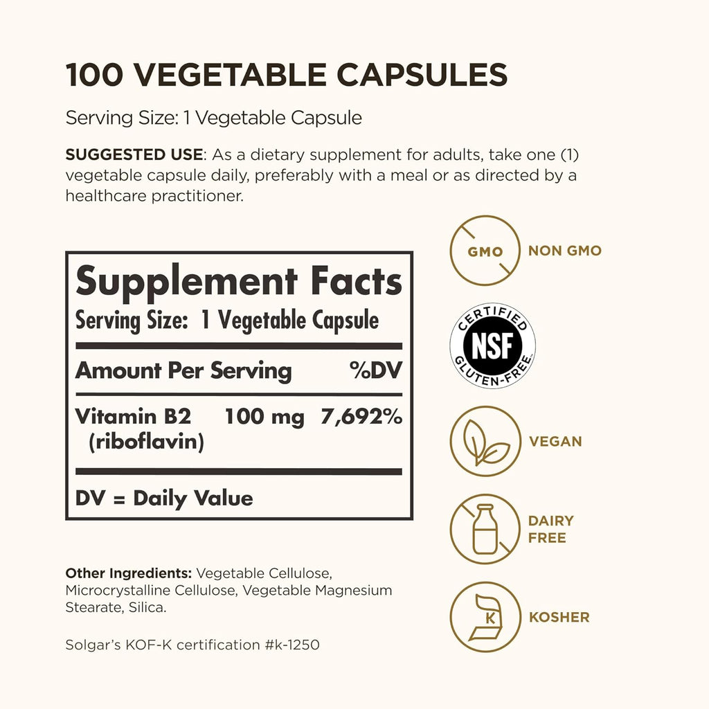 Solgar Vitamina B2 (Riboflavina) 100 mg, 100 Cápsulas