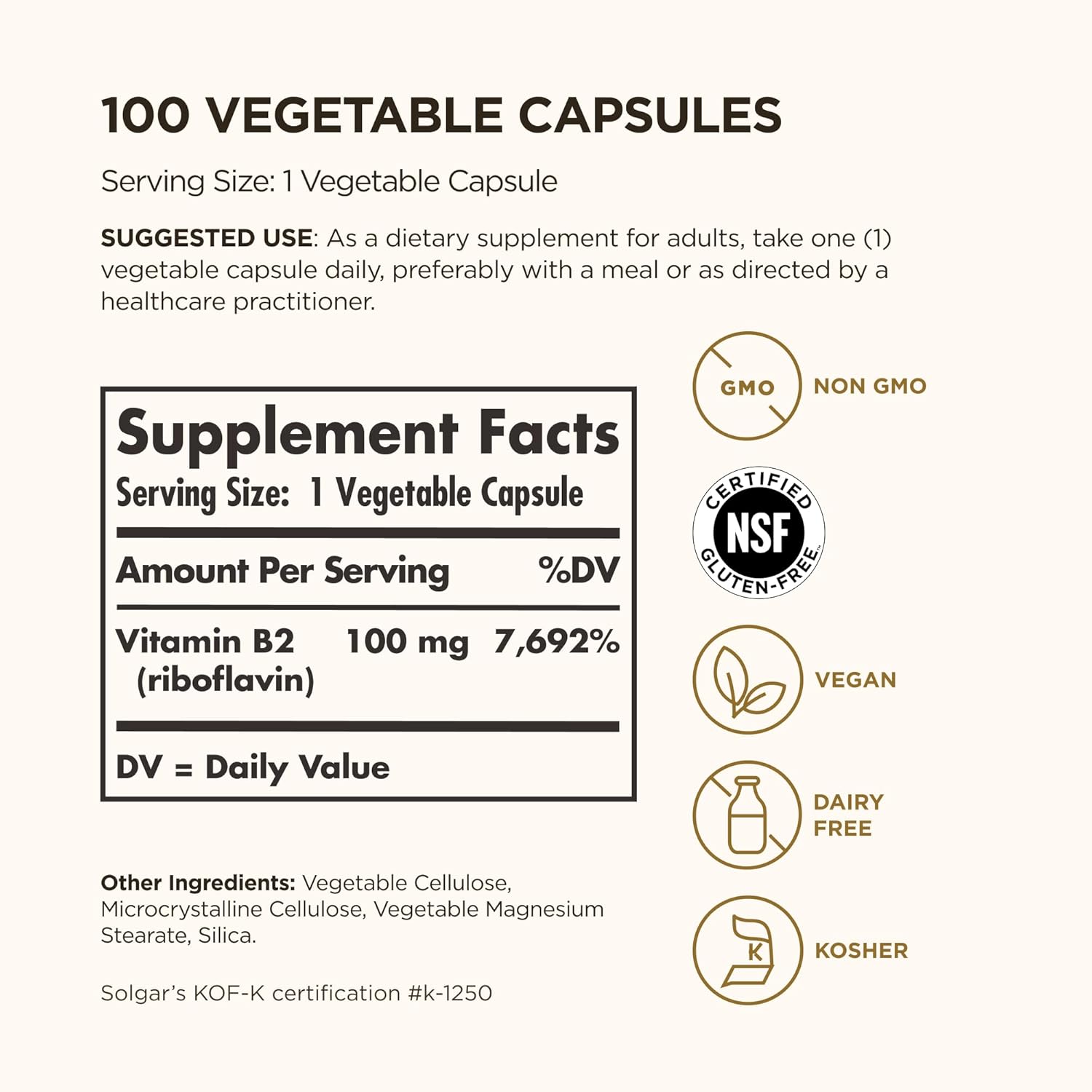 Solgar Vitamina B2 (Riboflavina) 100 mg, 100 Cápsulas