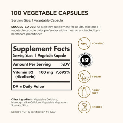 Solgar Vitamina B2 (Riboflavina) 100 mg, 100 – Funcionamiento del sistema nervioso: Contribuye al funcionamiento – Image 2