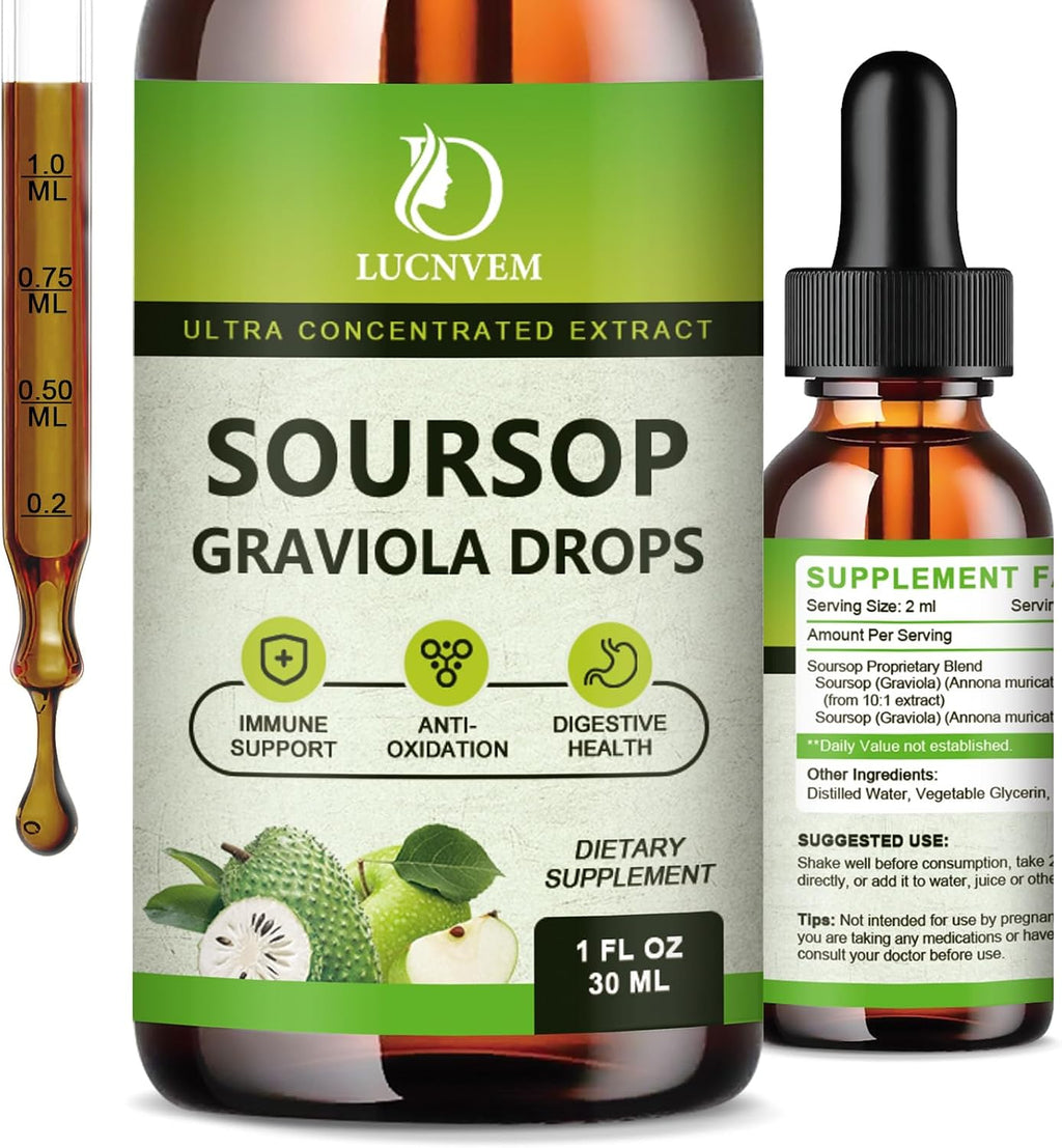 Gotas Orgánicas de Soursop Graviola - Extracto Líquido Puro con Sabor a Manzana - 60 ml (30 Días Vegano)
