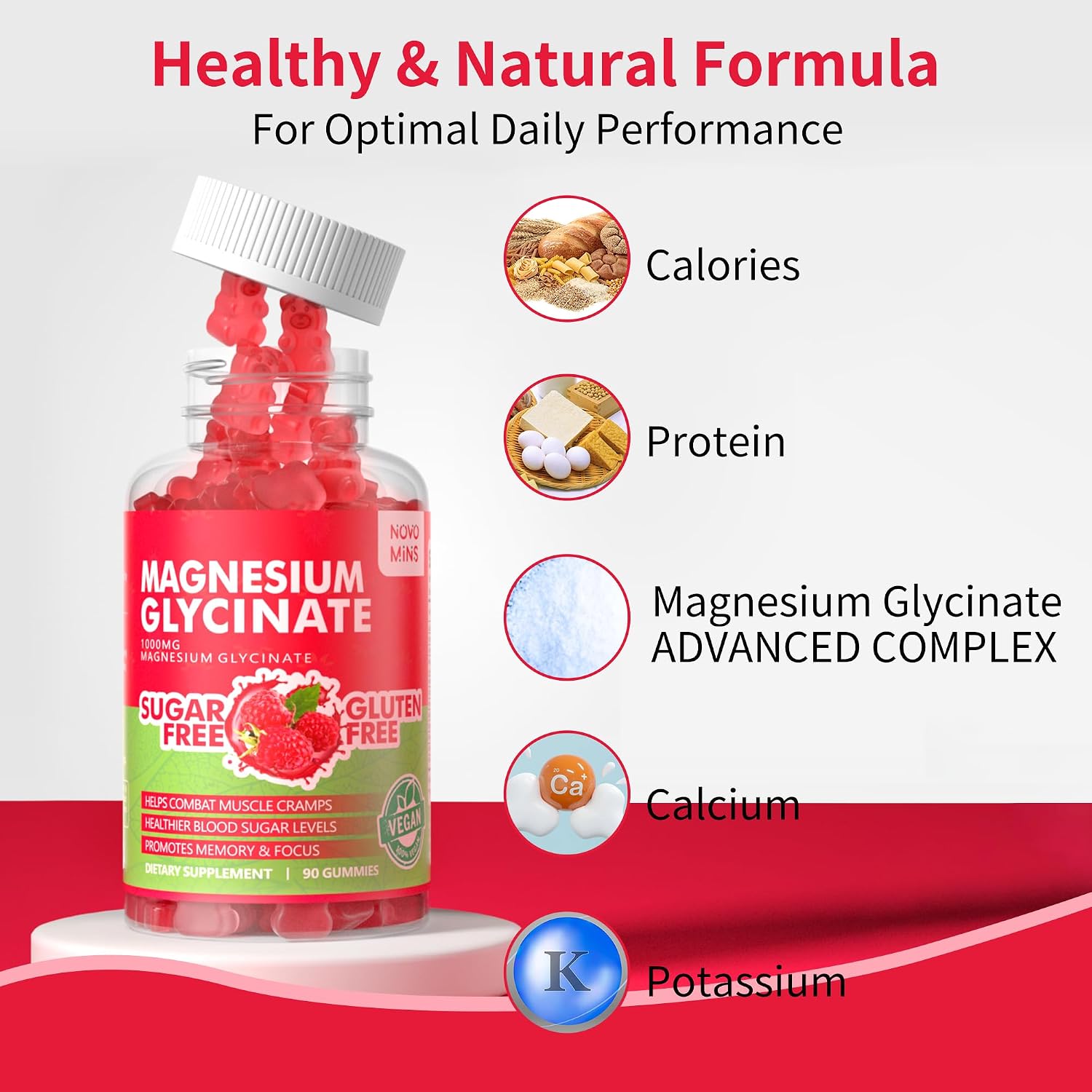 Gominolas de Magnesio Glicinato 1000mg - Sin Azúcar - 180 Gominolas Sabor Frambuesa