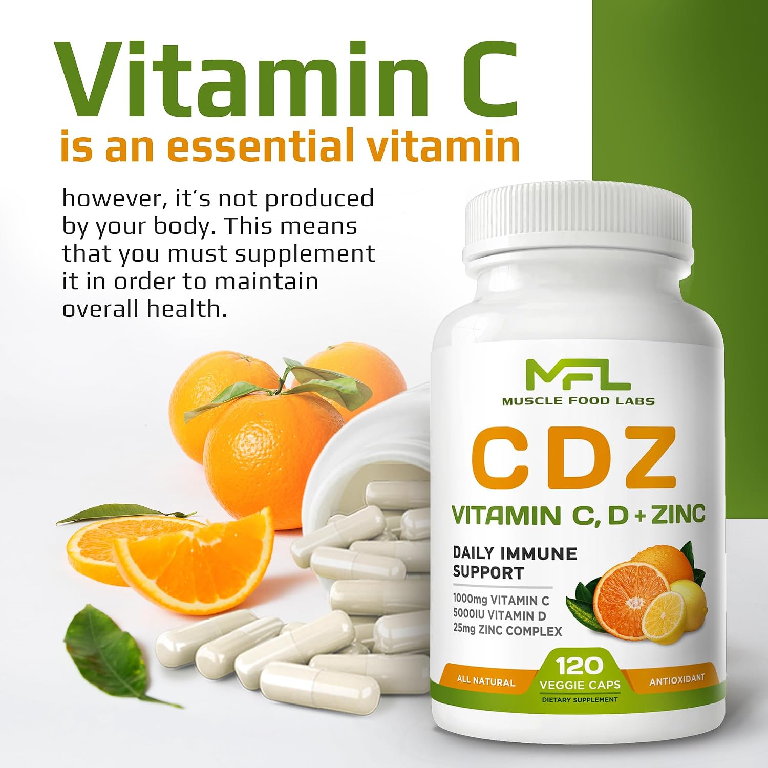 MUSCLE FOOD LABS C D Z | Vitamina C (1000mg), Vitamina D3 (125mcg), Zinc (25mg) + Bioflavonoides - 240 Cápsulas Vegetarianas (2 Envases)