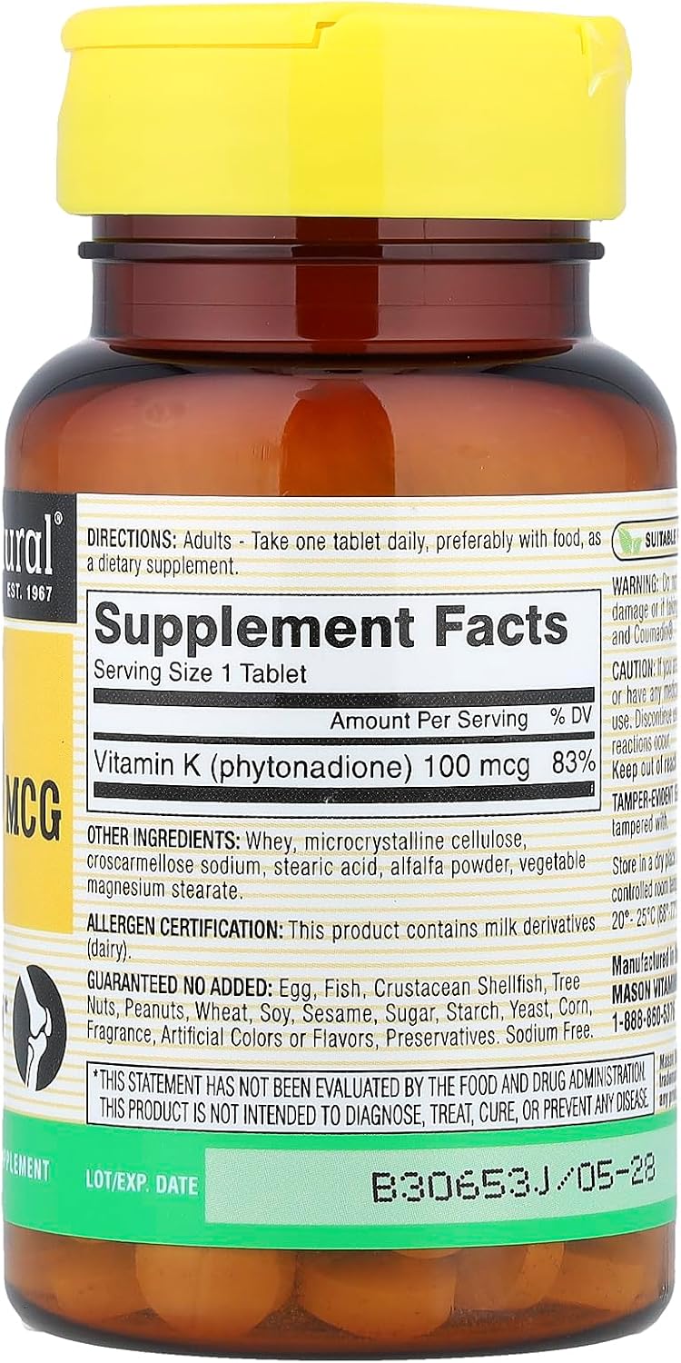 MASON NATURAL Vitamina K1, 100 mcg, 100 Comprimidos