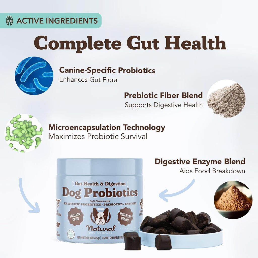 Natural Dog Company Probióticos para Perros – Masticables con 1B UFC, Cepas Microencapsuladas, Prebióticos y Enzimas para la Salud Digestiva, 45 unidades