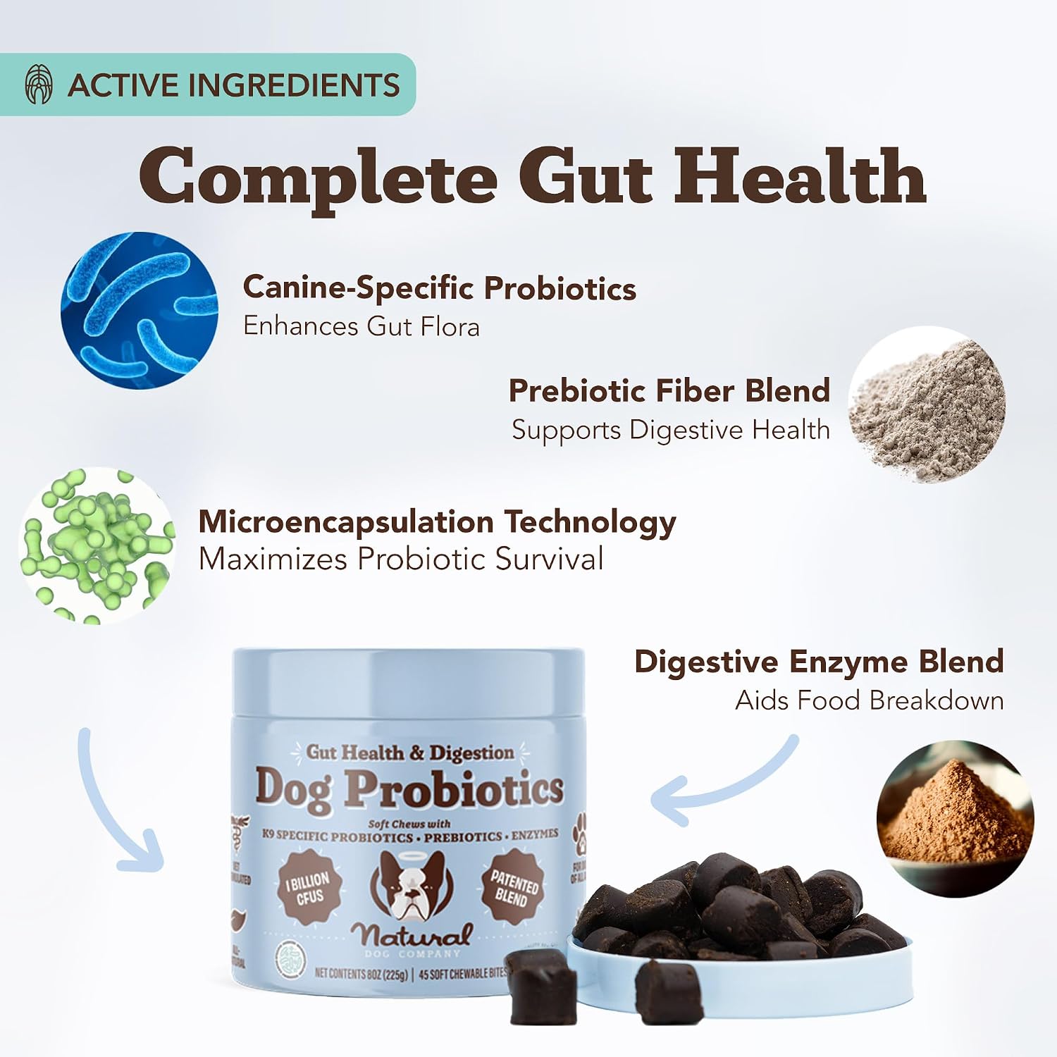 Natural Dog Company Probióticos para Perros – Masticables con 1B UFC, Cepas Microencapsuladas, Prebióticos y Enzimas para la Salud Digestiva, 45 unidades