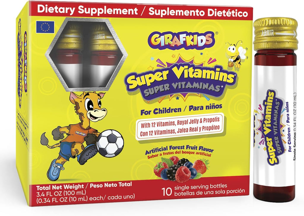 GirafKids Super Vitamins - Multivitamínico infantil con jalea real y propóleo - 10 viales sabor frutas del bosque