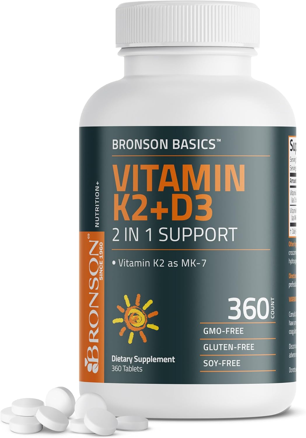 Bronson Vitamina K2 D3 (MK7) Complemento Alimenticio - 5000 UI de Vitamina D3 y 90 mcg de K2 MK-7, 200 Comprimidos