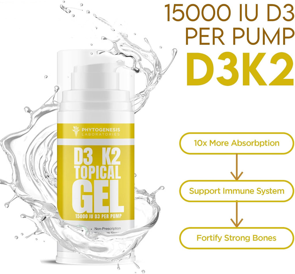 Phytogenesis Vitamina D3 K2 Gel Tópico de Máxima Potencia — 15000+ UI por Bombeo