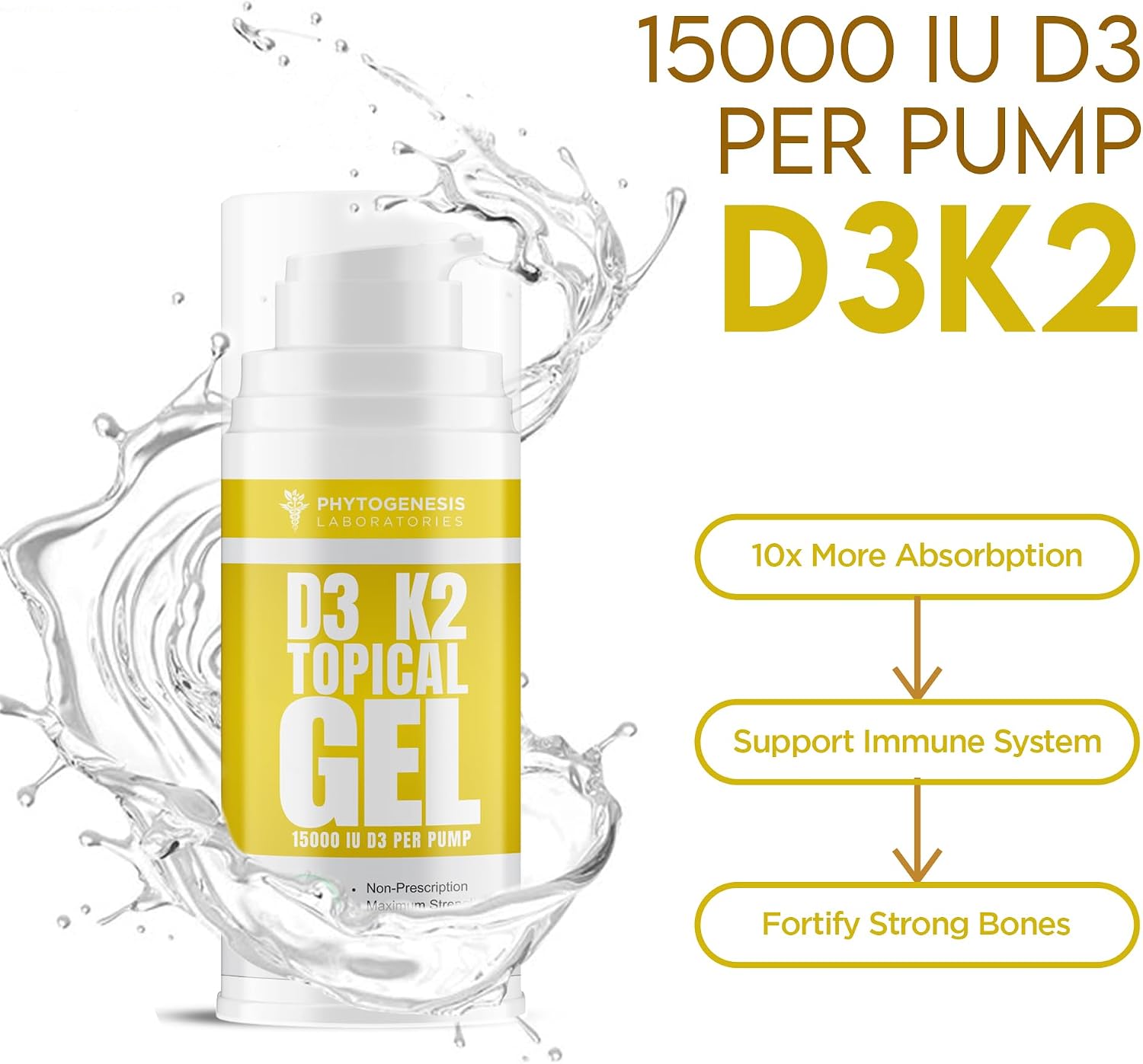 Phytogenesis Vitamina D3 K2 Gel Tópico de Máxima Potencia — 15000+ UI por Bombeo