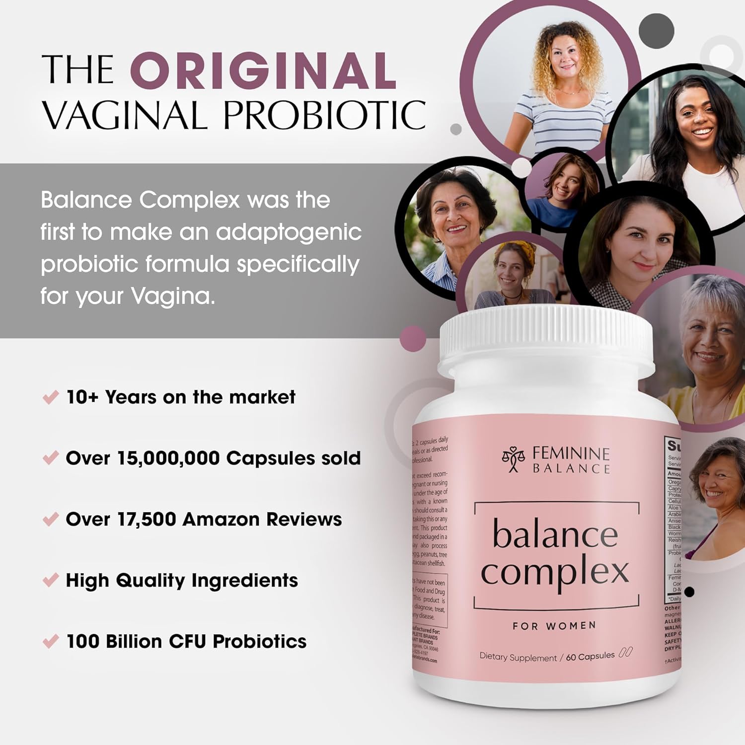 Balance Complex 17-en-1 Salud Vaginal Probióticos 100 mil millones con Arándano Rojo y D-Manosa, 60 Cápsulas