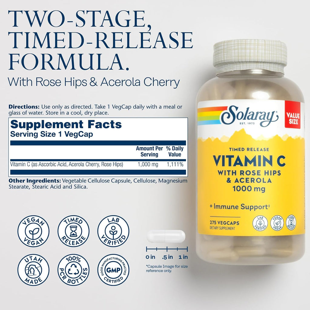 Solaray Vitamina C 1000mg - Cápsulas de Liberación Prolongada con Escaramujo y Acerola - 275 Cápsulas Veganas
