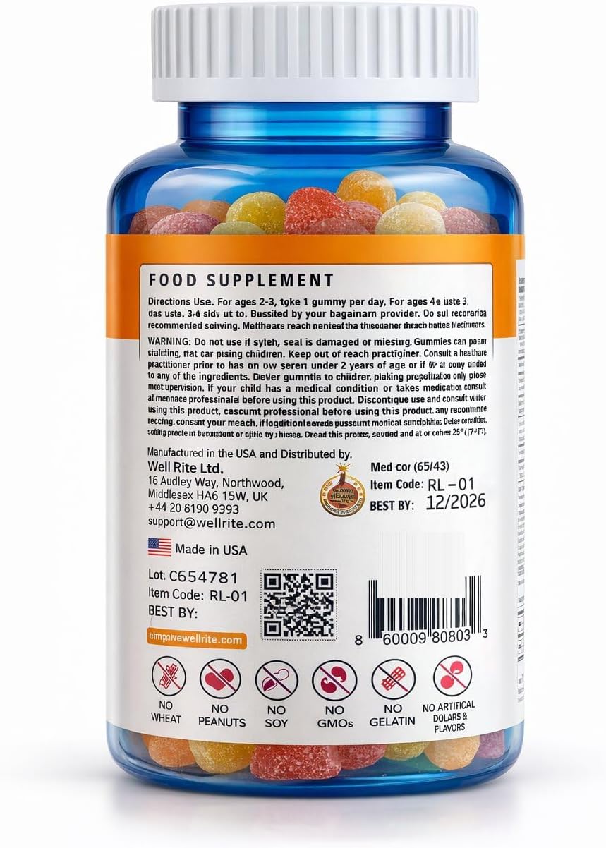 Kids Multivitamin Gummies – Wellrite Multivitamínico para Niños con Vitaminas y Minerales, Crecimiento e Inmunidad, Vegano, Sin Gelatina, Sin Gluten, Sin Frutos Secos, 60 Gomitas, Sabor Fresa y Limón