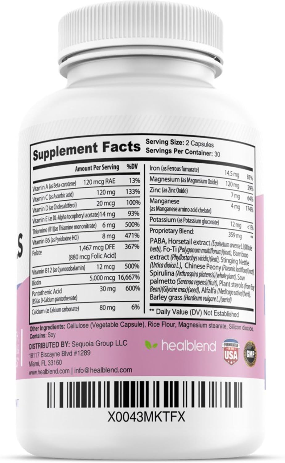 Healblend Vitaminas para Cabello, Piel y Uñas - Biotina 5000 mcg, Hierro y Manganeso - 60 Cápsulas Veganas