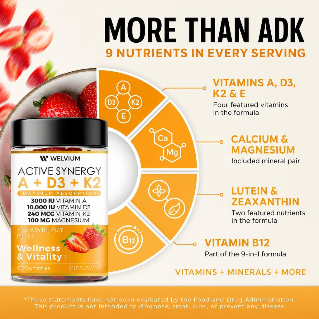 Gominolas de Vitamina D3 K2 10000 UI con Magnesio, Calcio, B12, Luteína, Zeaxantina - Complemento ADK Masticable